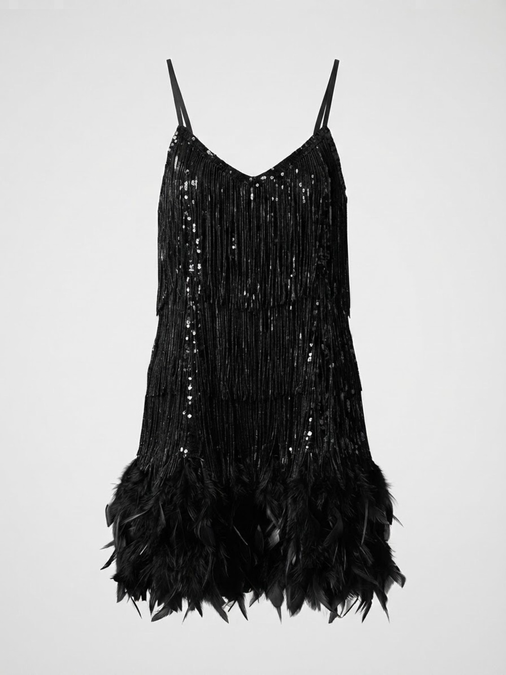 Black Sequin Fringe Feather Flapper Dress Roaring 20s Gatsby Party Small